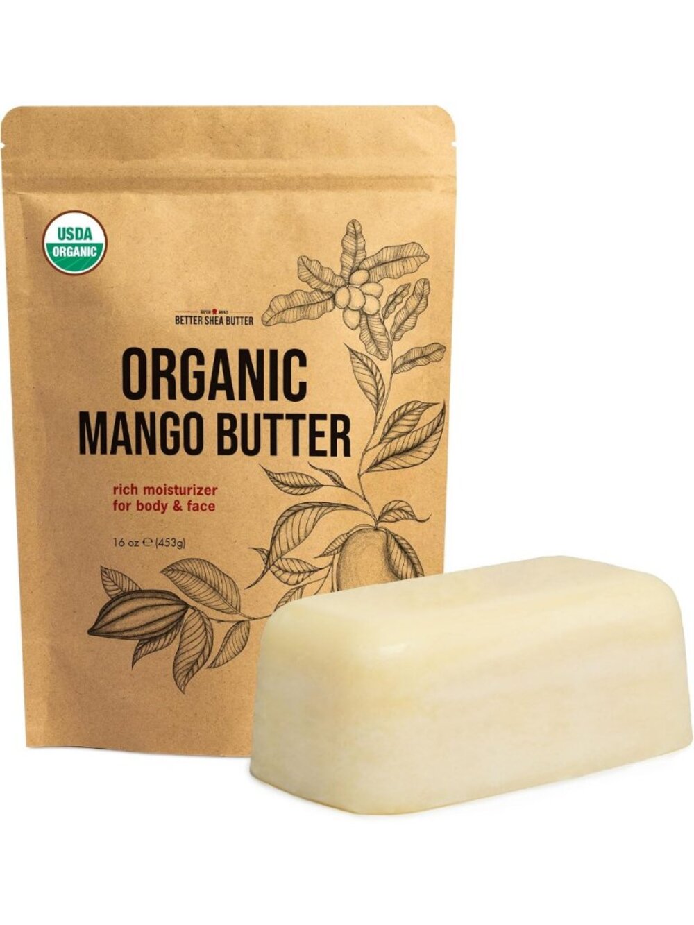 Unrefined Organic Mango Butter - USDA Certified Raw, 1 lb for Skin & Hair Care